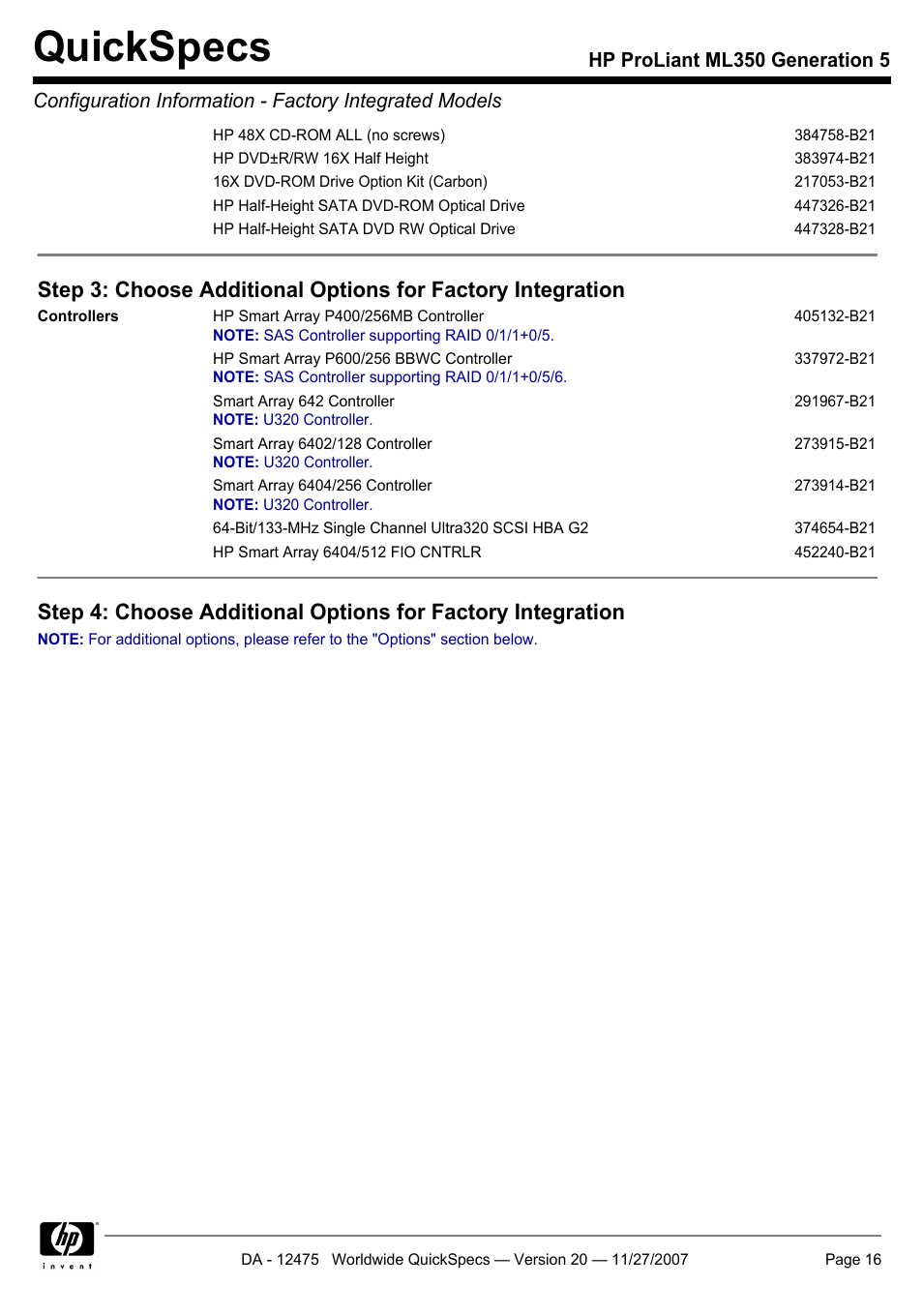 Quickspecs | HP Hewlett-Packard ProLiant Generation 5 Computer ML350 User Manual | Page 16 / 44
