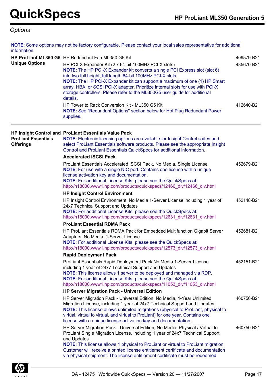 Options, Quickspecs, Hp proliant ml350 generation 5 options | HP Hewlett-Packard ProLiant Generation 5 Computer ML350 User Manual | Page 17 / 44