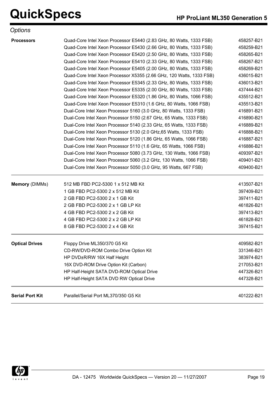 Quickspecs, Hp proliant ml350 generation 5 options | HP Hewlett-Packard ProLiant Generation 5 Computer ML350 User Manual | Page 19 / 44