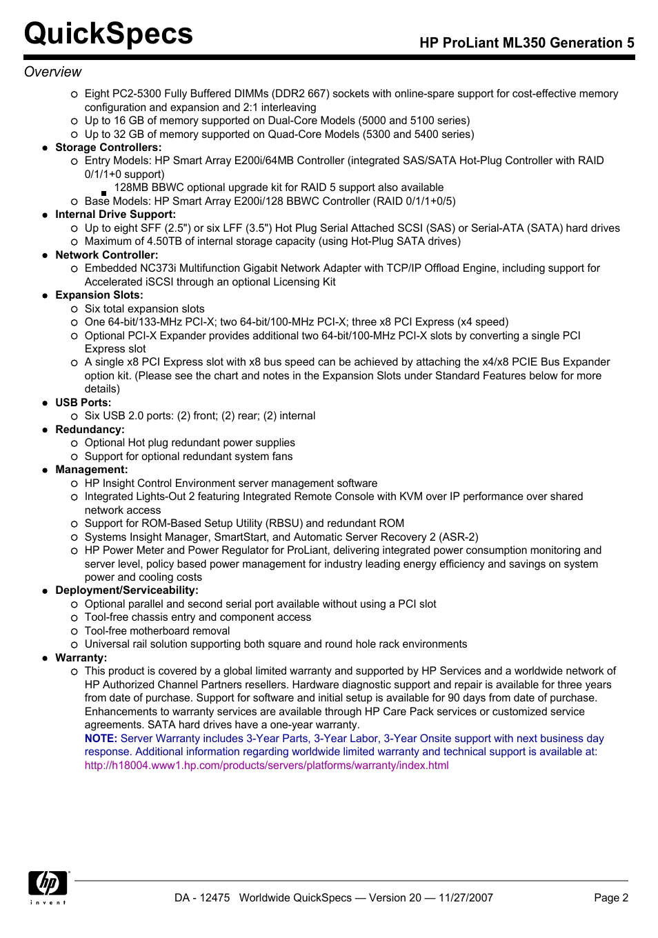 Quickspecs, Hp proliant ml350 generation 5 overview | HP Hewlett-Packard ProLiant Generation 5 Computer ML350 User Manual | Page 2 / 44
