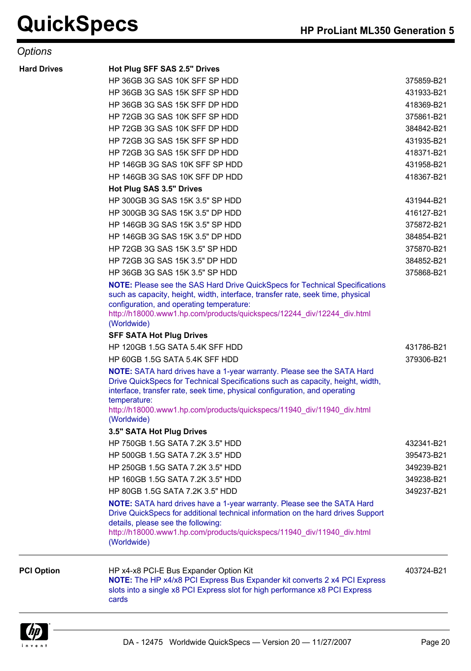 Quickspecs, Hp proliant ml350 generation 5 options | HP Hewlett-Packard ProLiant Generation 5 Computer ML350 User Manual | Page 20 / 44