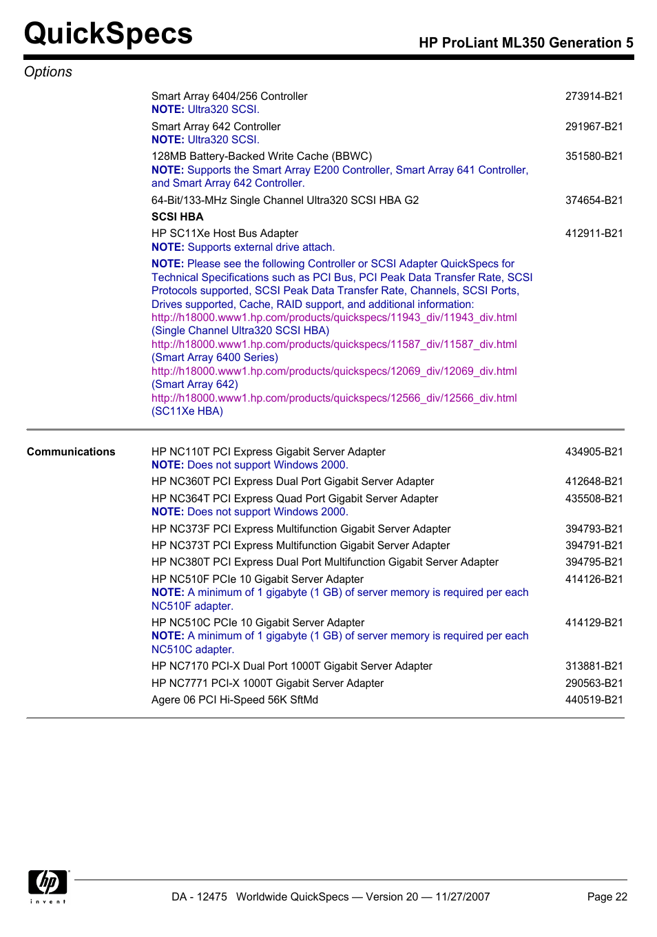 Quickspecs, Hp proliant ml350 generation 5 options | HP Hewlett-Packard ProLiant Generation 5 Computer ML350 User Manual | Page 22 / 44