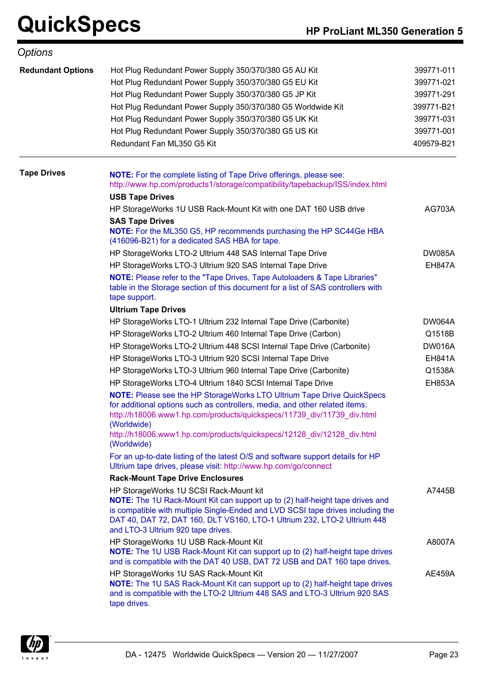 Quickspecs, Hp proliant ml350 generation 5 options | HP Hewlett-Packard ProLiant Generation 5 Computer ML350 User Manual | Page 23 / 44