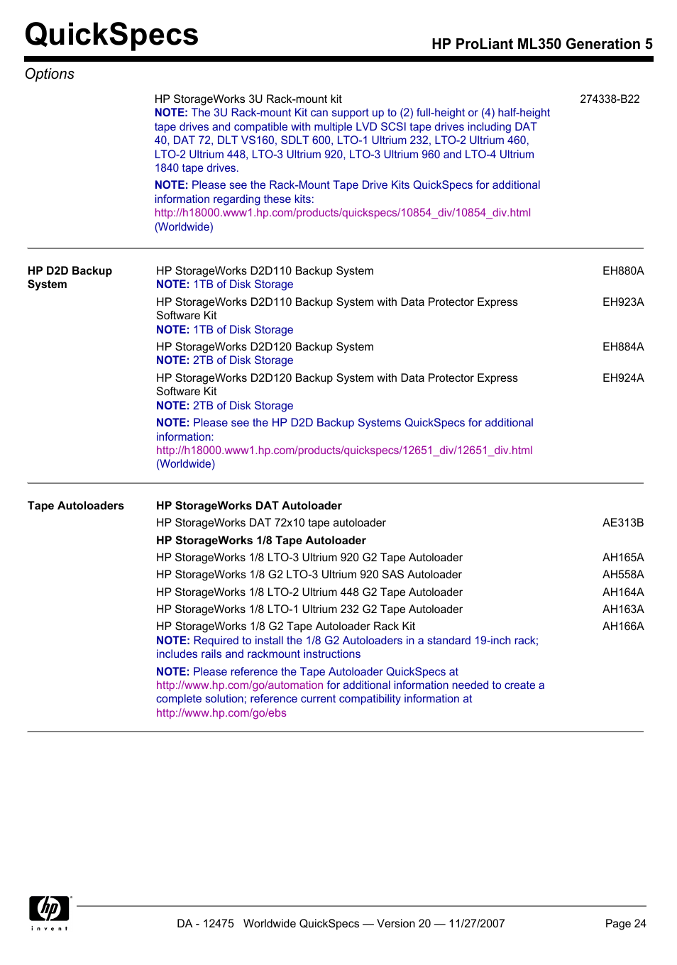 Quickspecs, Hp proliant ml350 generation 5 options | HP Hewlett-Packard ProLiant Generation 5 Computer ML350 User Manual | Page 24 / 44