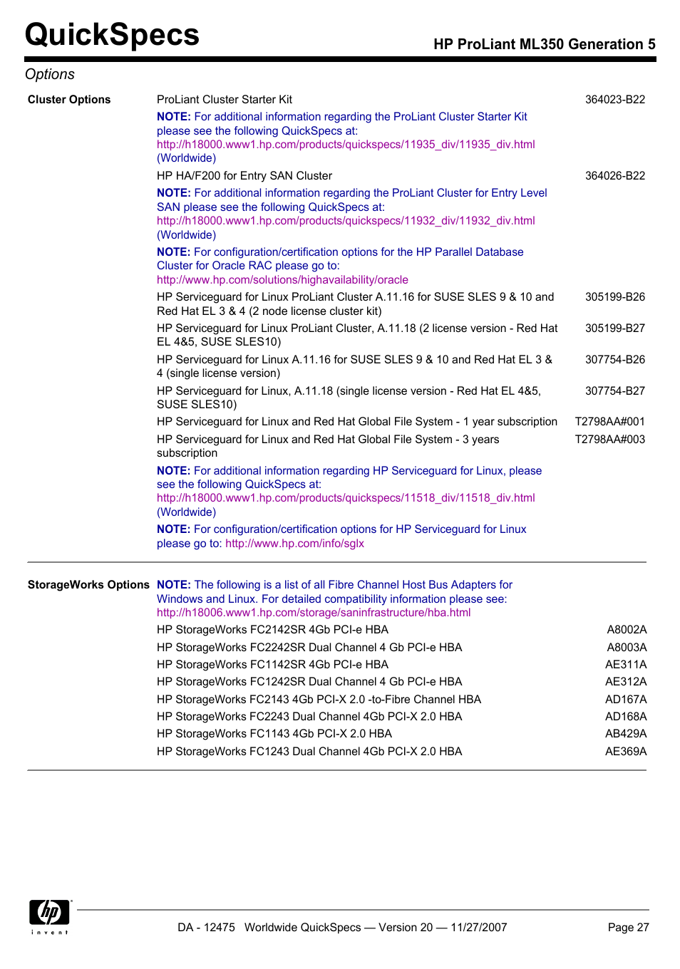 Quickspecs, Hp proliant ml350 generation 5 options | HP Hewlett-Packard ProLiant Generation 5 Computer ML350 User Manual | Page 27 / 44