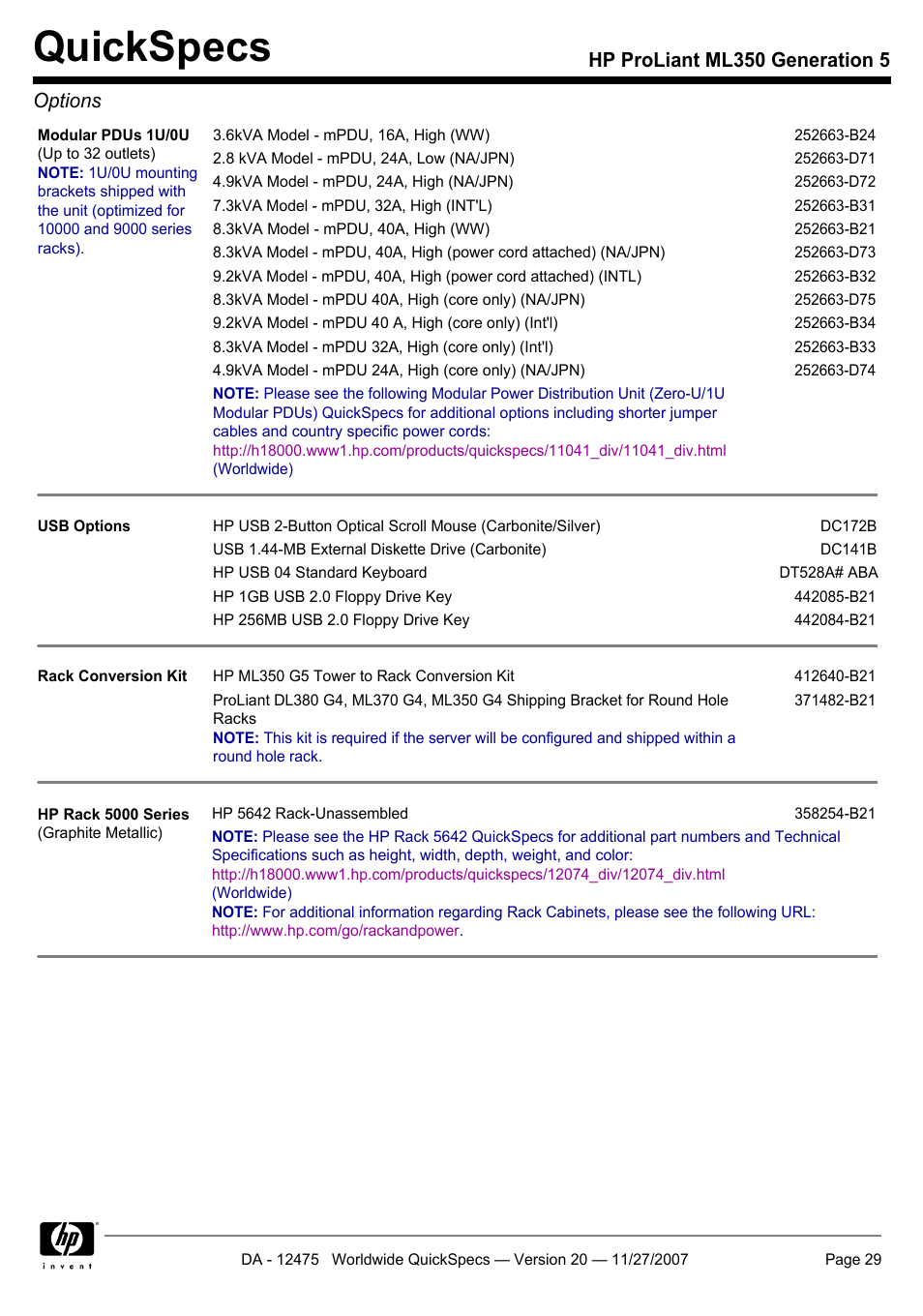 Quickspecs, Hp proliant ml350 generation 5 options | HP Hewlett-Packard ProLiant Generation 5 Computer ML350 User Manual | Page 29 / 44