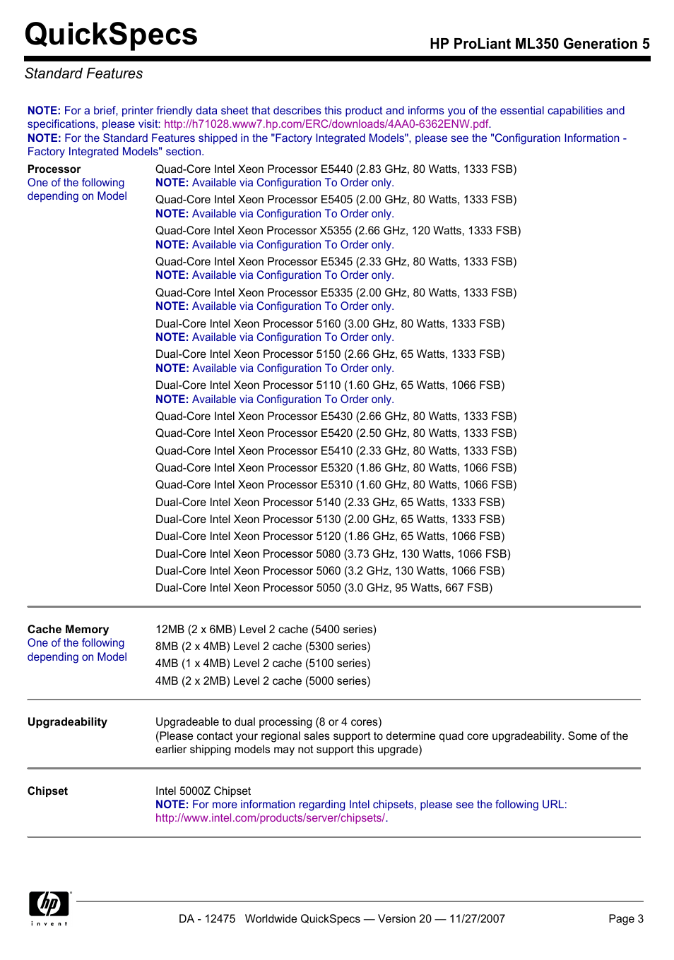 Standard features, Quickspecs, Hp proliant ml350 generation 5 standard features | HP Hewlett-Packard ProLiant Generation 5 Computer ML350 User Manual | Page 3 / 44