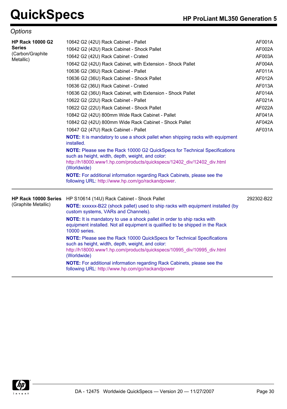 Quickspecs, Hp proliant ml350 generation 5 options | HP Hewlett-Packard ProLiant Generation 5 Computer ML350 User Manual | Page 30 / 44