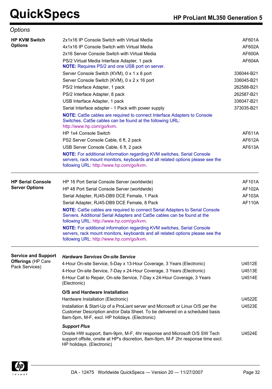 Quickspecs, Hp proliant ml350 generation 5 options | HP Hewlett-Packard ProLiant Generation 5 Computer ML350 User Manual | Page 32 / 44