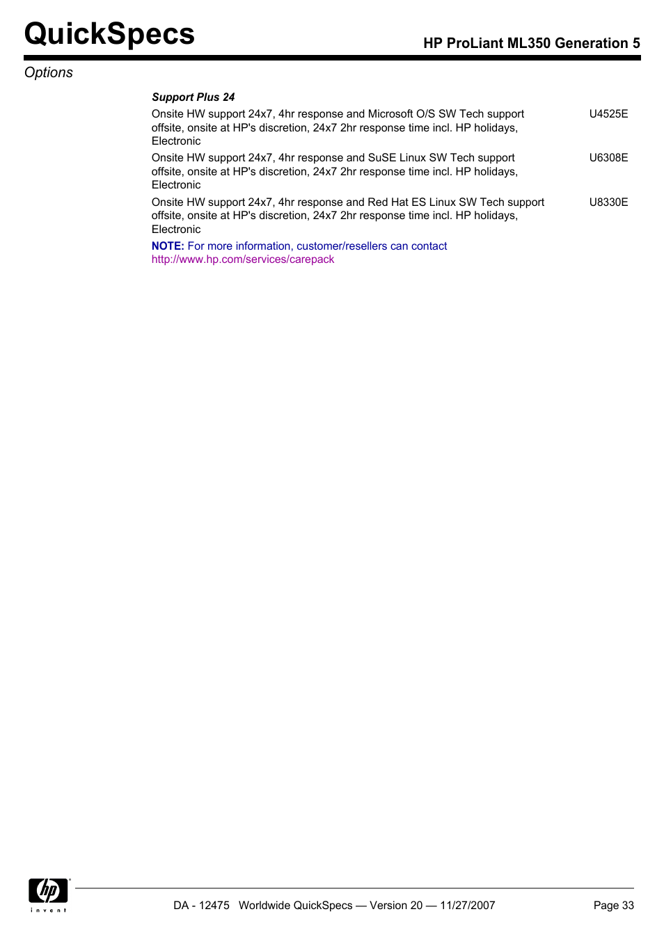 Quickspecs | HP Hewlett-Packard ProLiant Generation 5 Computer ML350 User Manual | Page 33 / 44