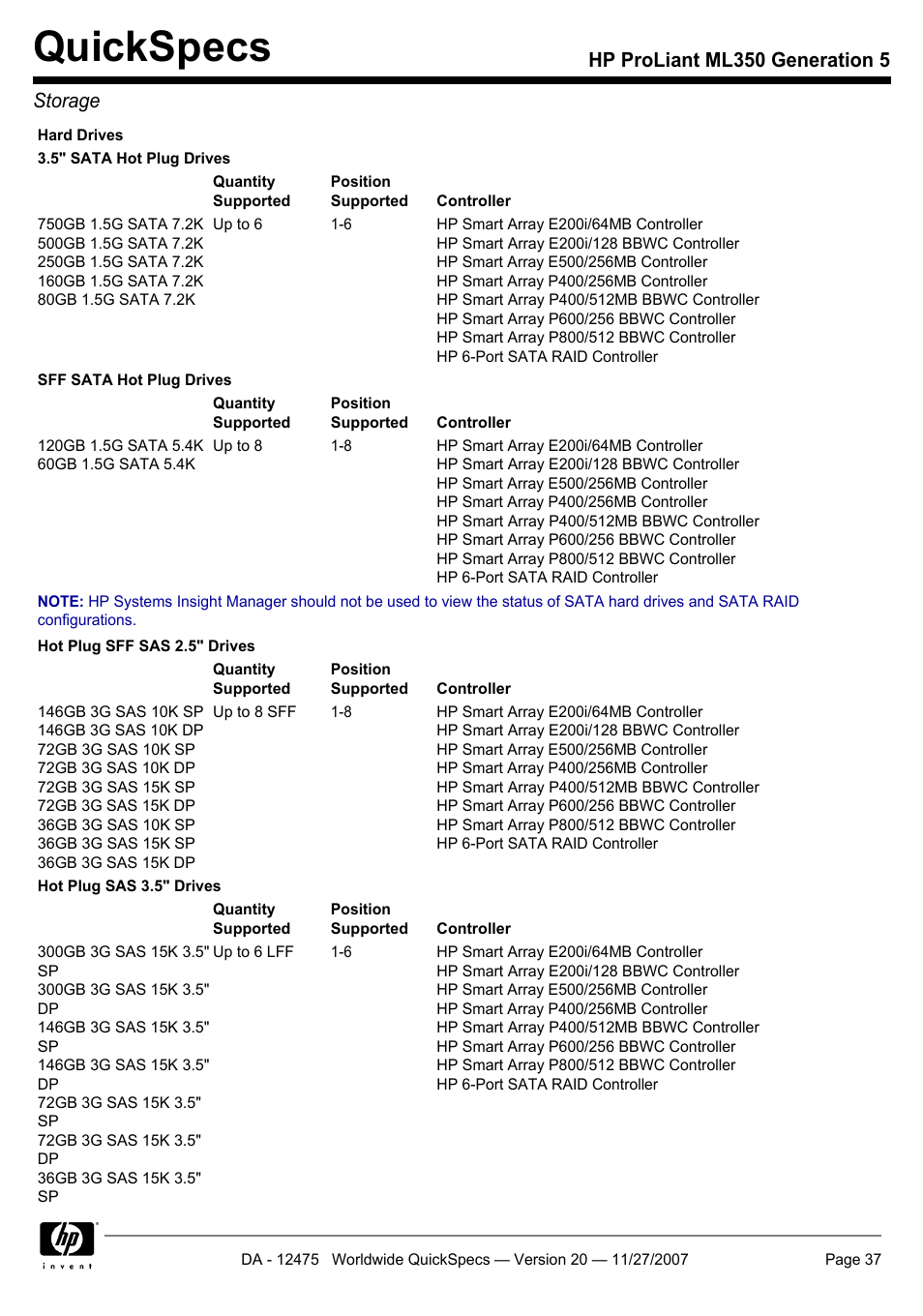 Quickspecs, Hp proliant ml350 generation 5 storage | HP Hewlett-Packard ProLiant Generation 5 Computer ML350 User Manual | Page 37 / 44