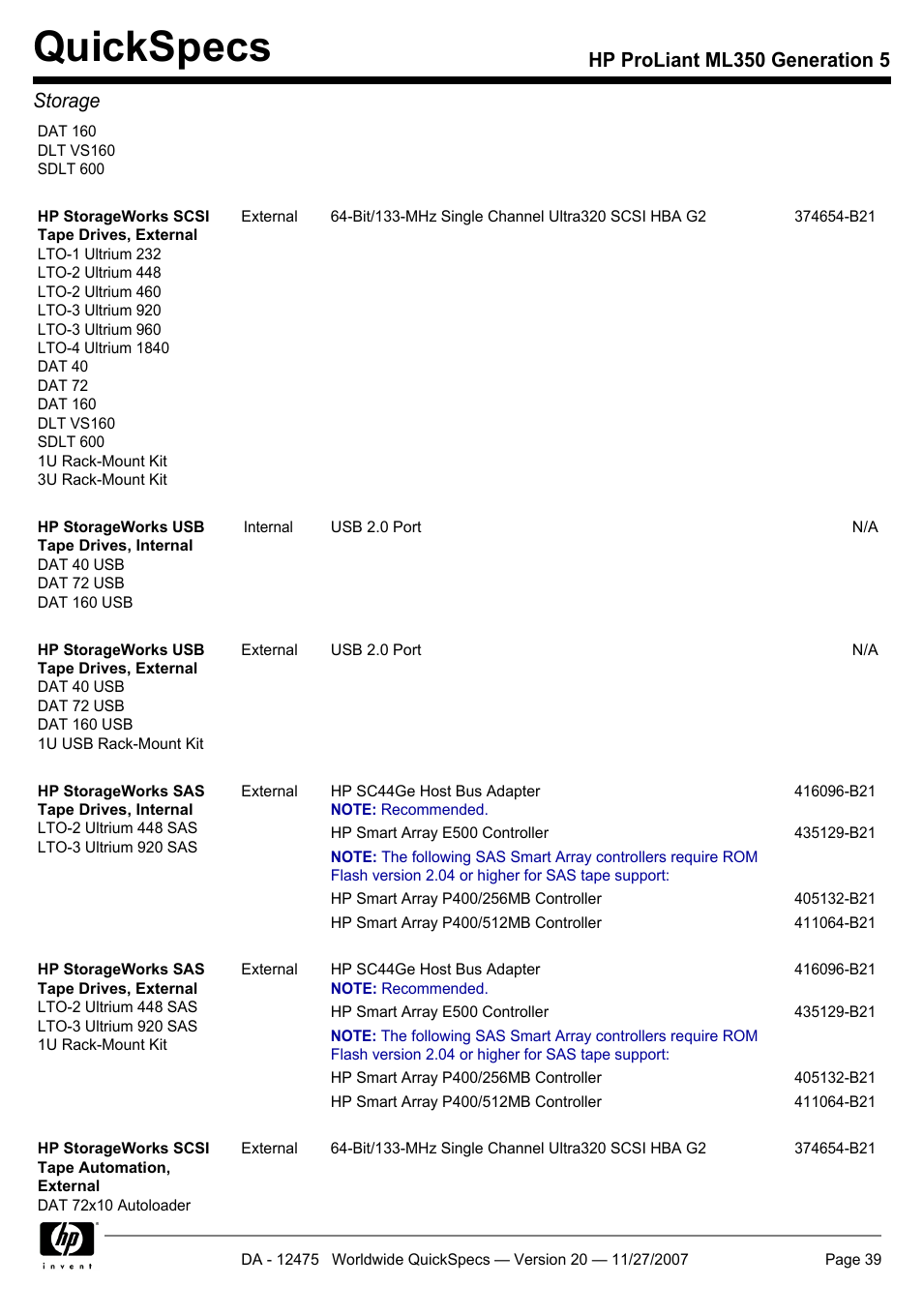 Quickspecs, Hp proliant ml350 generation 5 storage | HP Hewlett-Packard ProLiant Generation 5 Computer ML350 User Manual | Page 39 / 44