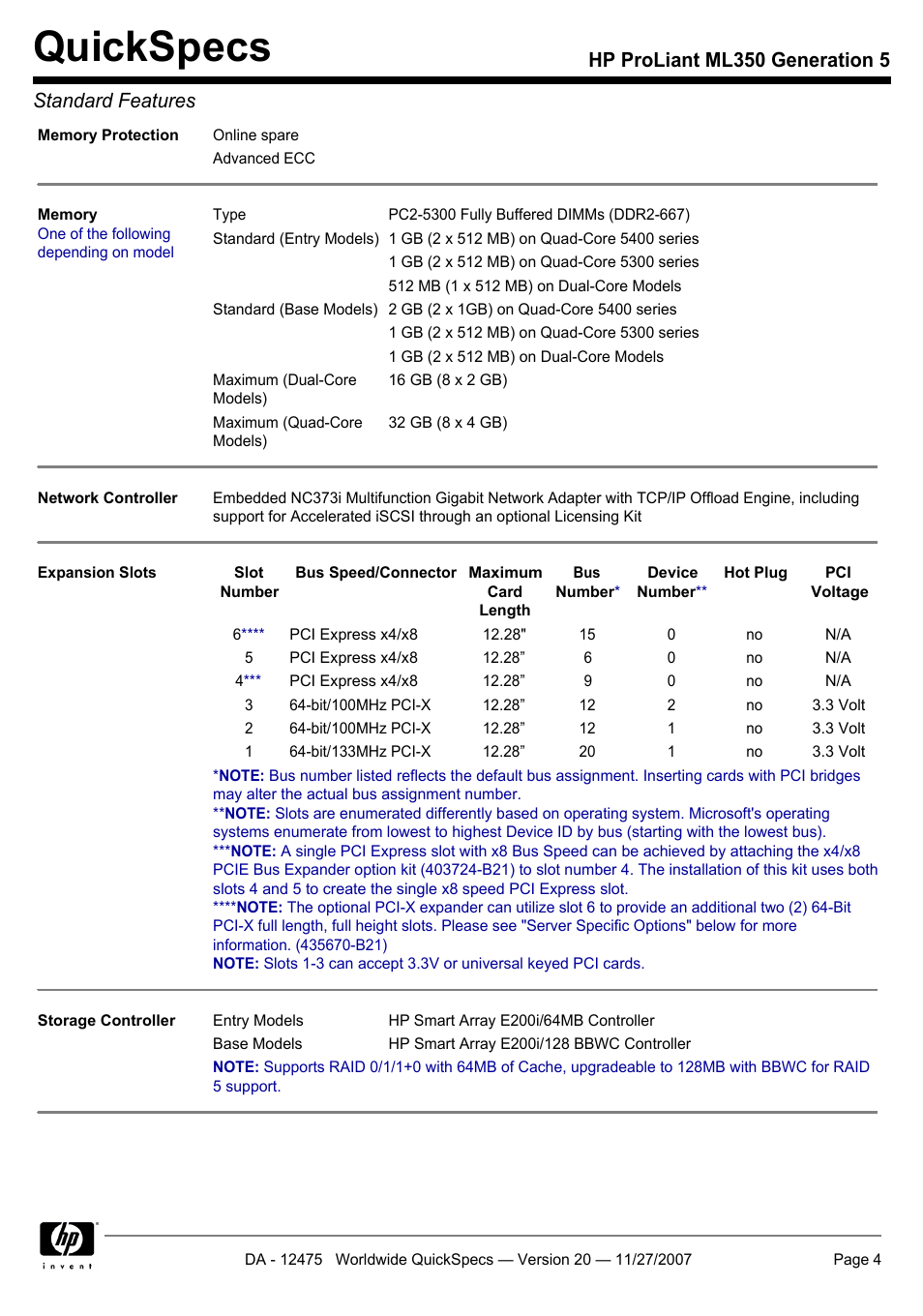 Quickspecs, Hp proliant ml350 generation 5 standard features | HP Hewlett-Packard ProLiant Generation 5 Computer ML350 User Manual | Page 4 / 44