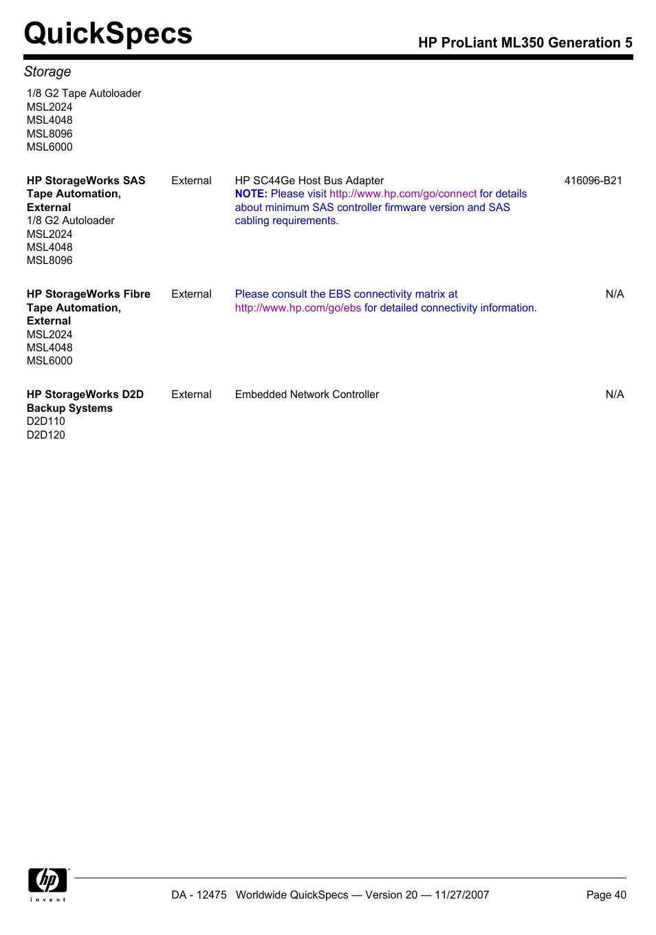 Quickspecs, Hp proliant ml350 generation 5 storage | HP Hewlett-Packard ProLiant Generation 5 Computer ML350 User Manual | Page 40 / 44