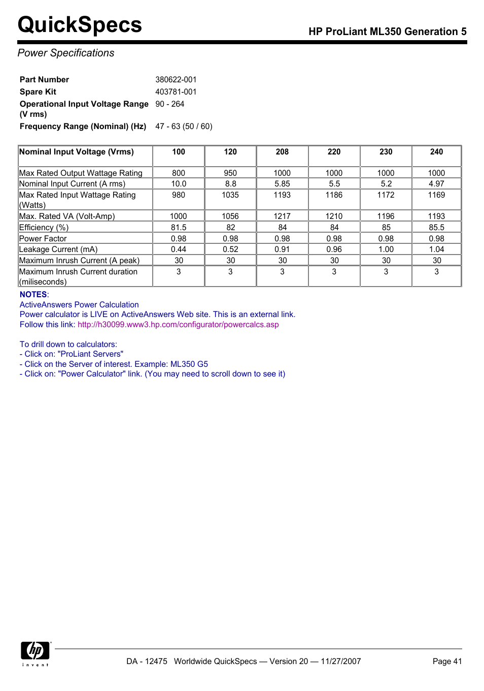 Power specifications, Quickspecs | HP Hewlett-Packard ProLiant Generation 5 Computer ML350 User Manual | Page 41 / 44