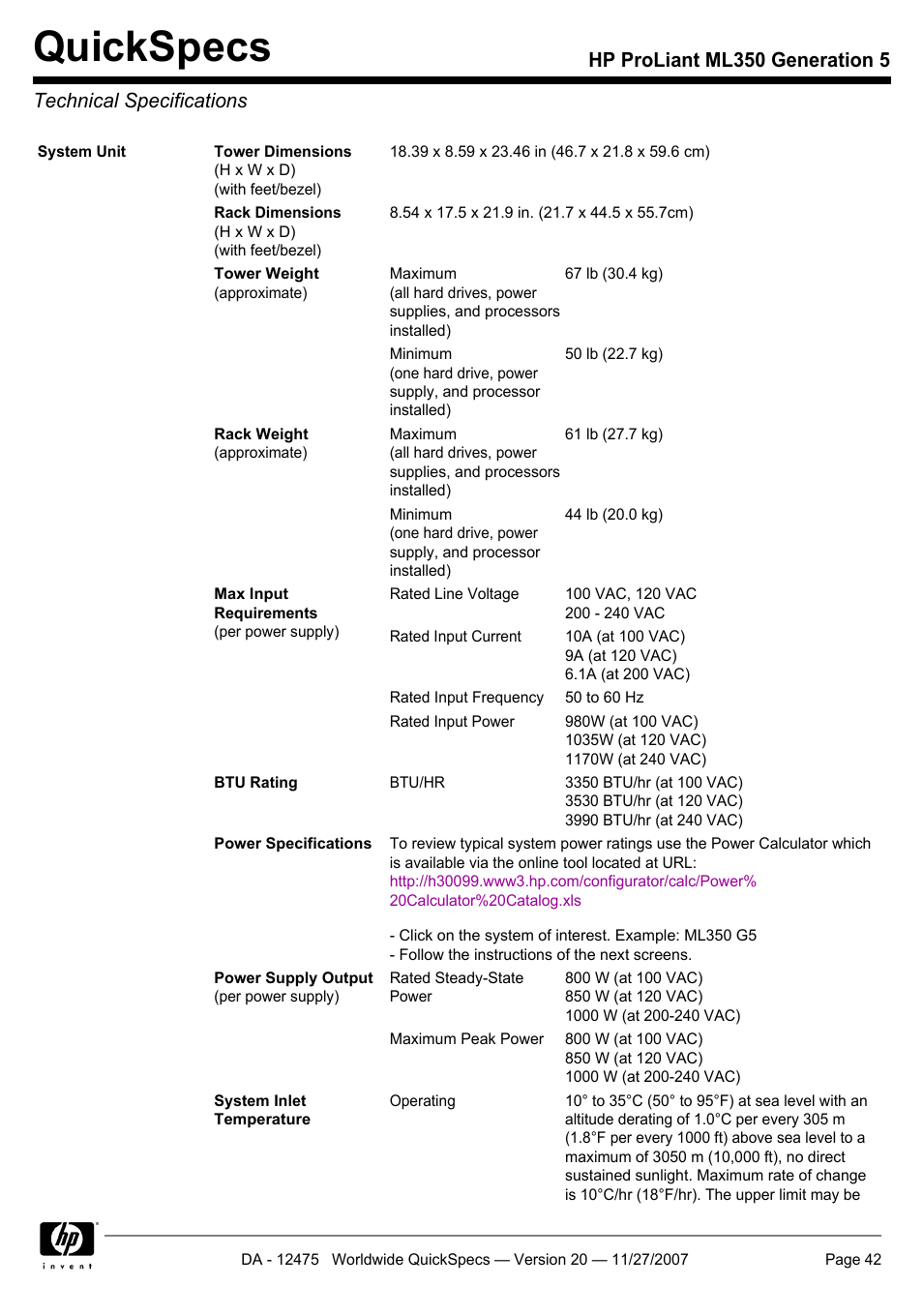 Technical specifications, Quickspecs | HP Hewlett-Packard ProLiant Generation 5 Computer ML350 User Manual | Page 42 / 44