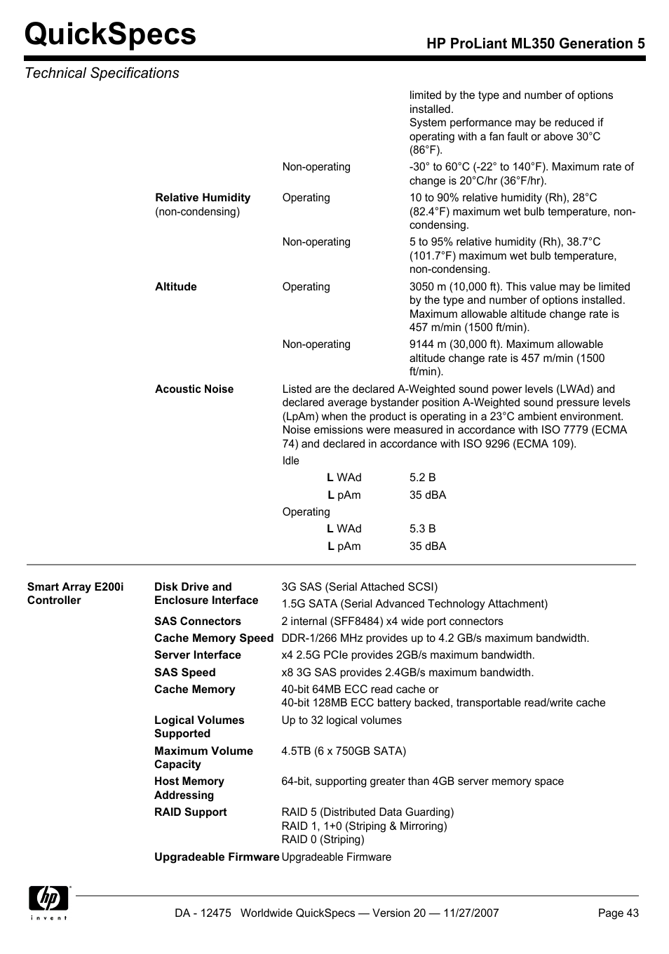 Quickspecs | HP Hewlett-Packard ProLiant Generation 5 Computer ML350 User Manual | Page 43 / 44