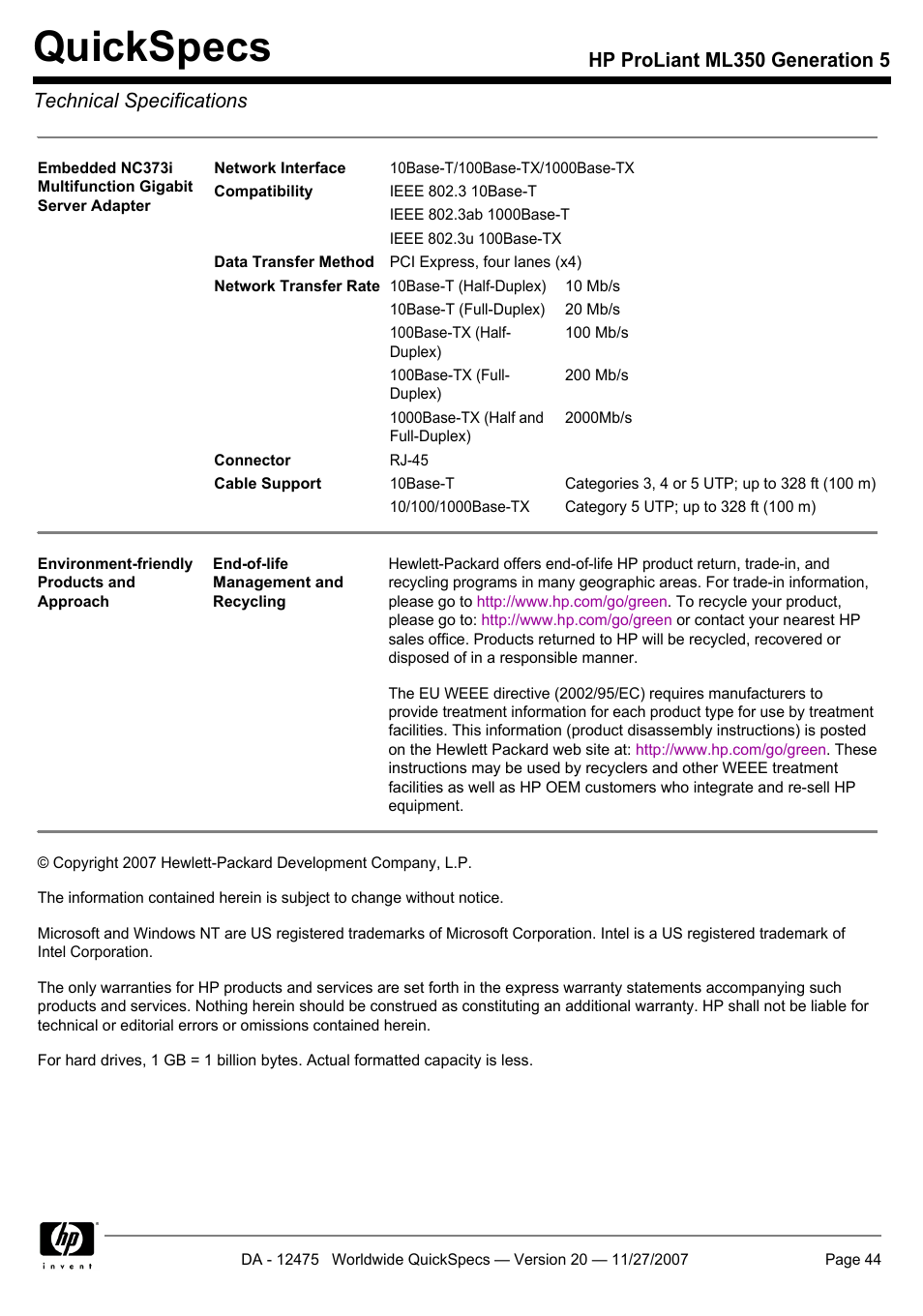 Quickspecs | HP Hewlett-Packard ProLiant Generation 5 Computer ML350 User Manual | Page 44 / 44