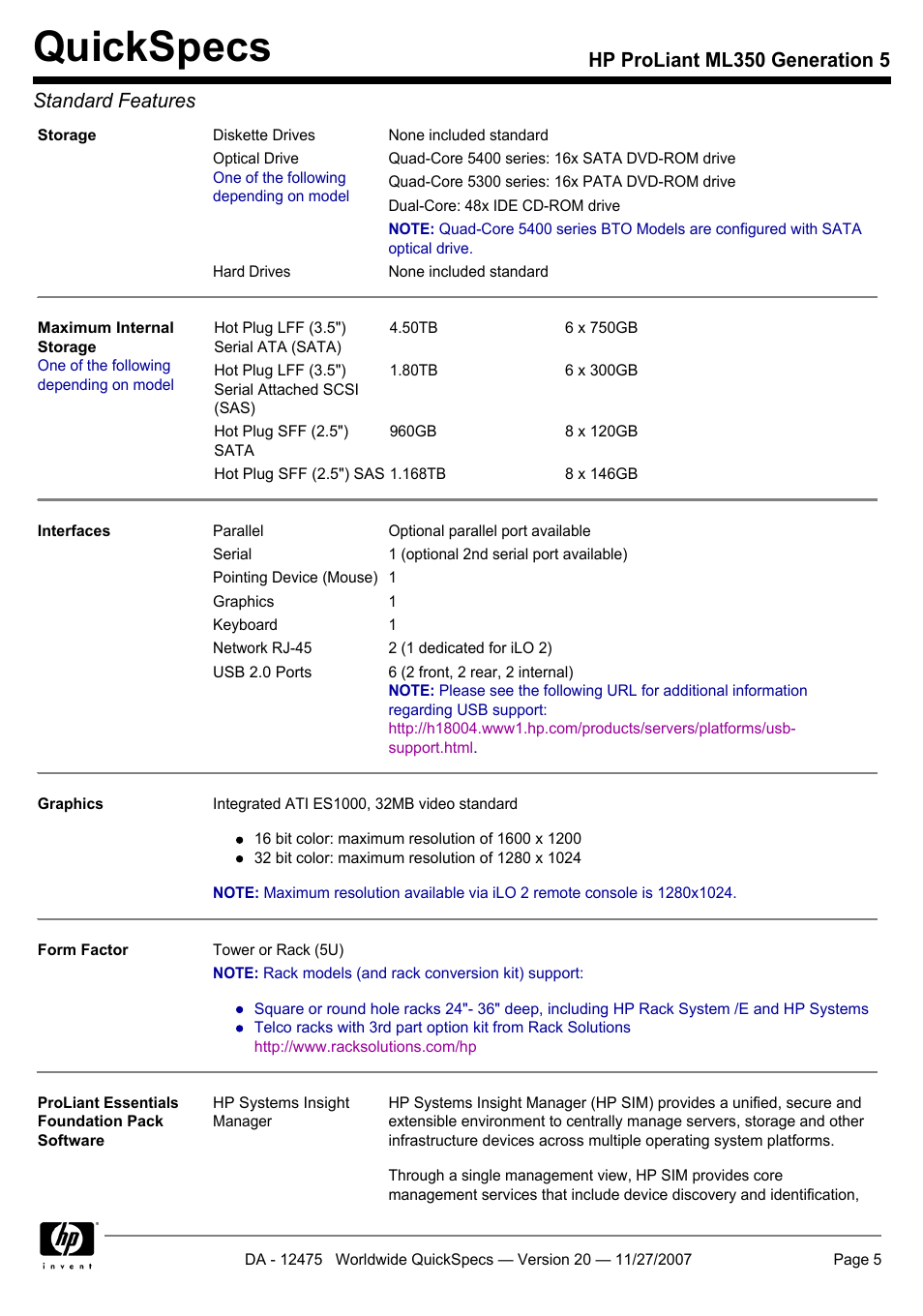 Quickspecs, Hp proliant ml350 generation 5 standard features | HP Hewlett-Packard ProLiant Generation 5 Computer ML350 User Manual | Page 5 / 44