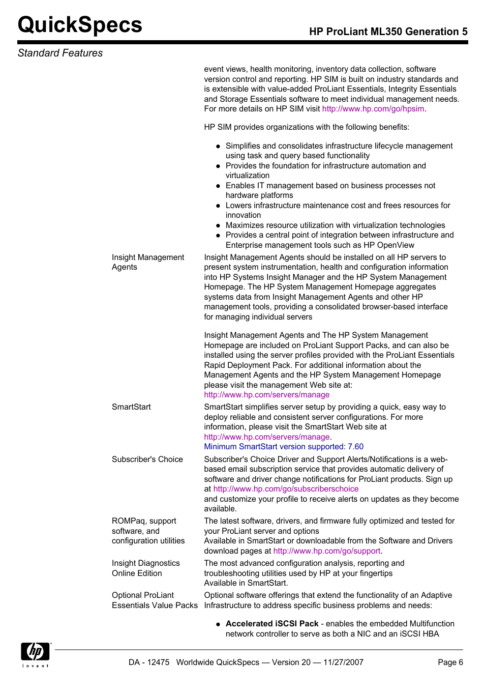 Quickspecs, Hp proliant ml350 generation 5 standard features | HP Hewlett-Packard ProLiant Generation 5 Computer ML350 User Manual | Page 6 / 44