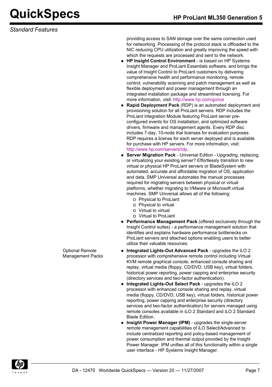 Quickspecs | HP Hewlett-Packard ProLiant Generation 5 Computer ML350 User Manual | Page 7 / 44