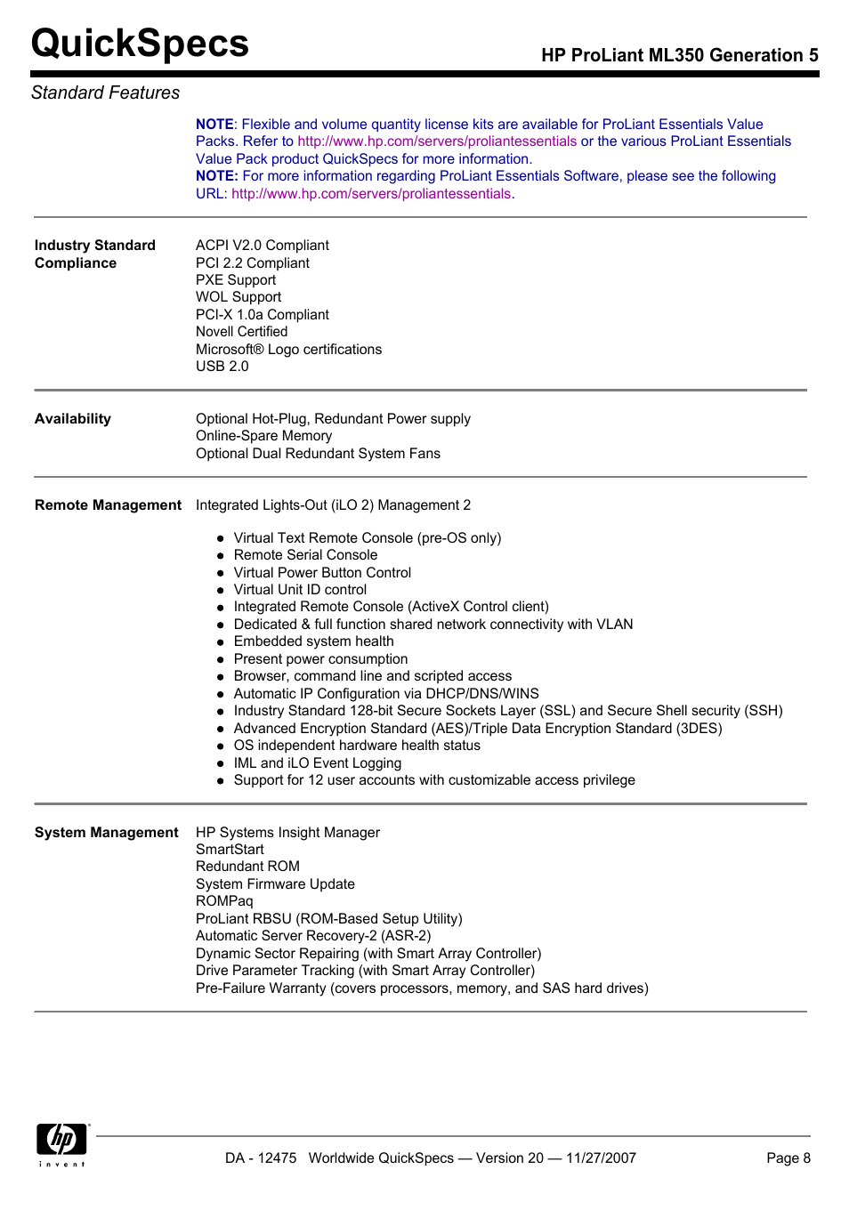Quickspecs | HP Hewlett-Packard ProLiant Generation 5 Computer ML350 User Manual | Page 8 / 44