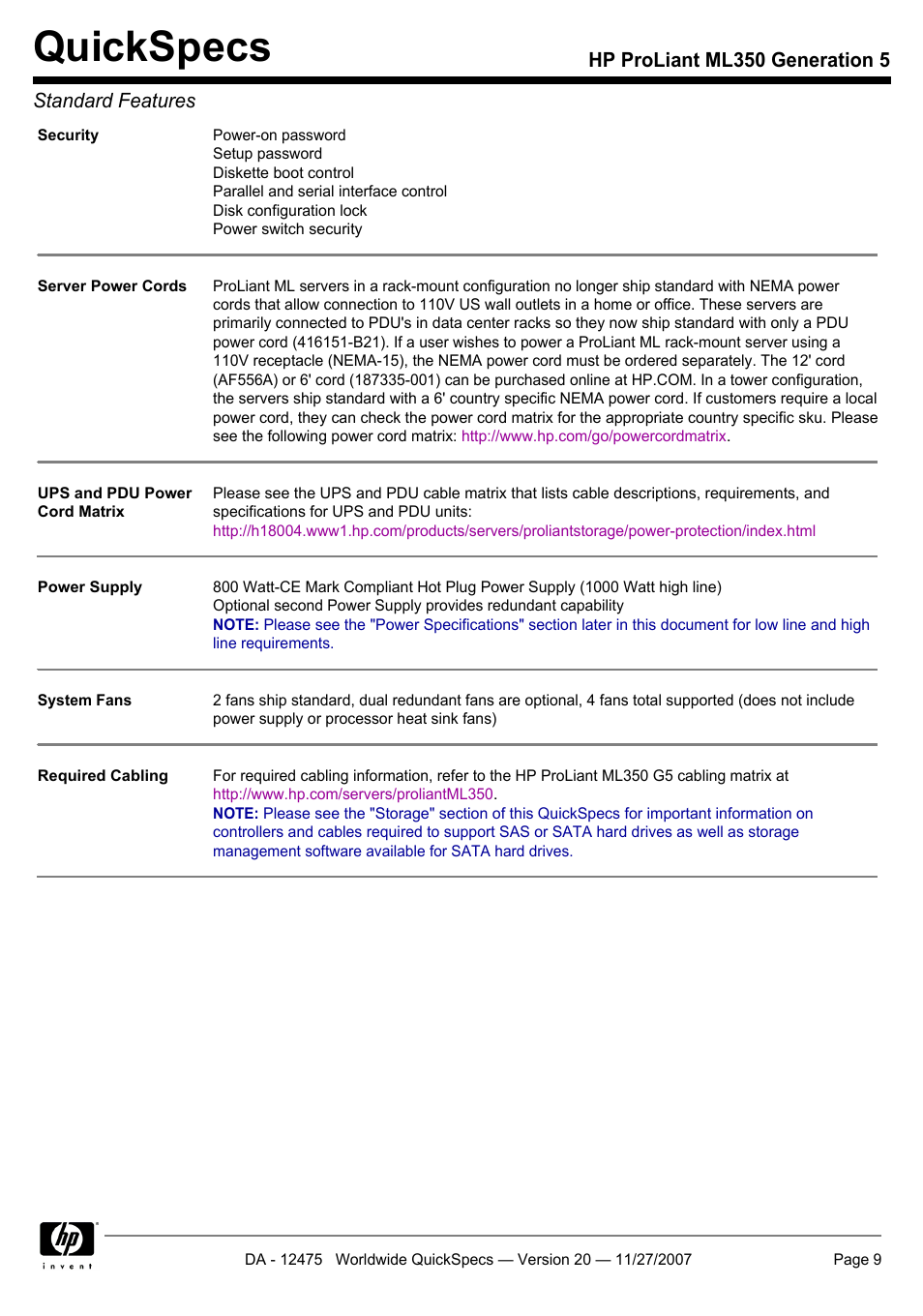 Quickspecs, Hp proliant ml350 generation 5 standard features | HP Hewlett-Packard ProLiant Generation 5 Computer ML350 User Manual | Page 9 / 44