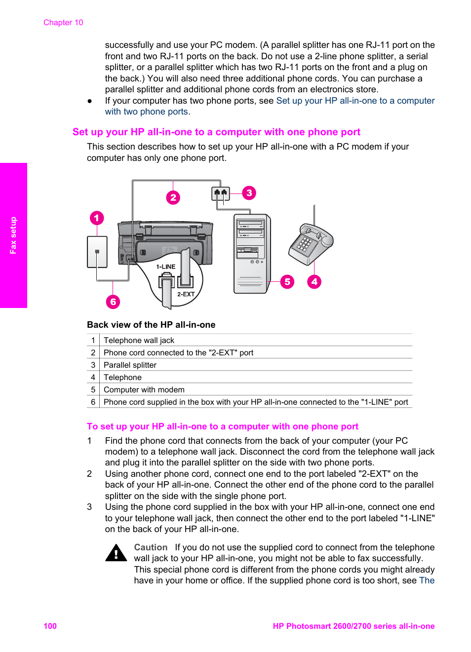 See the next section, Set up your, Hp all-in-one to a computer with one phone port | HP 2600/2700 User Manual | Page 103 / 241