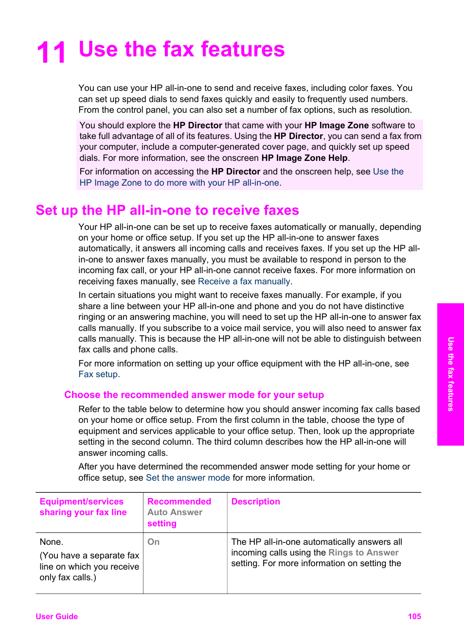 Use the fax features, Set up the hp all-in-one to receive faxes, Choose the recommended answer mode for your setup | 11 use the fax features | HP 2600/2700 User Manual | Page 108 / 241
