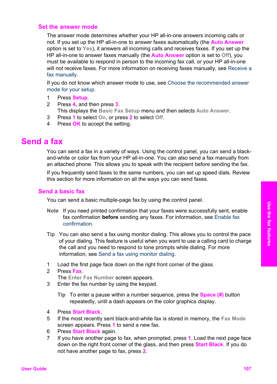 Set the answer mode, Send a fax, Send a basic fax | HP 2600/2700 User Manual | Page 110 / 241