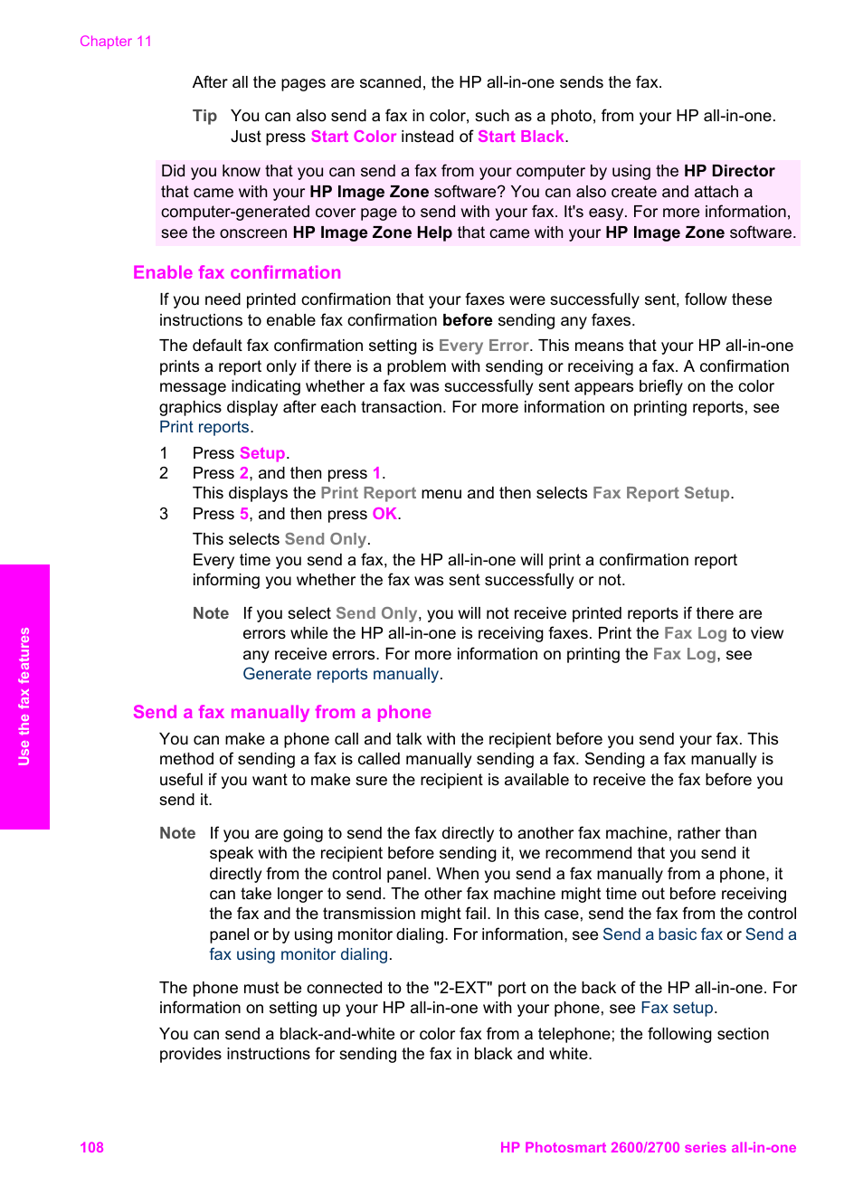 Enable fax confirmation, Send a fax manually from a phone, Enable fax | Confirmation | HP 2600/2700 User Manual | Page 111 / 241