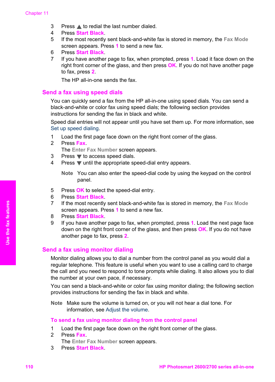 Send a fax using speed dials, Send a fax using monitor dialing, Send a | Fax using monitor dialing | HP 2600/2700 User Manual | Page 113 / 241