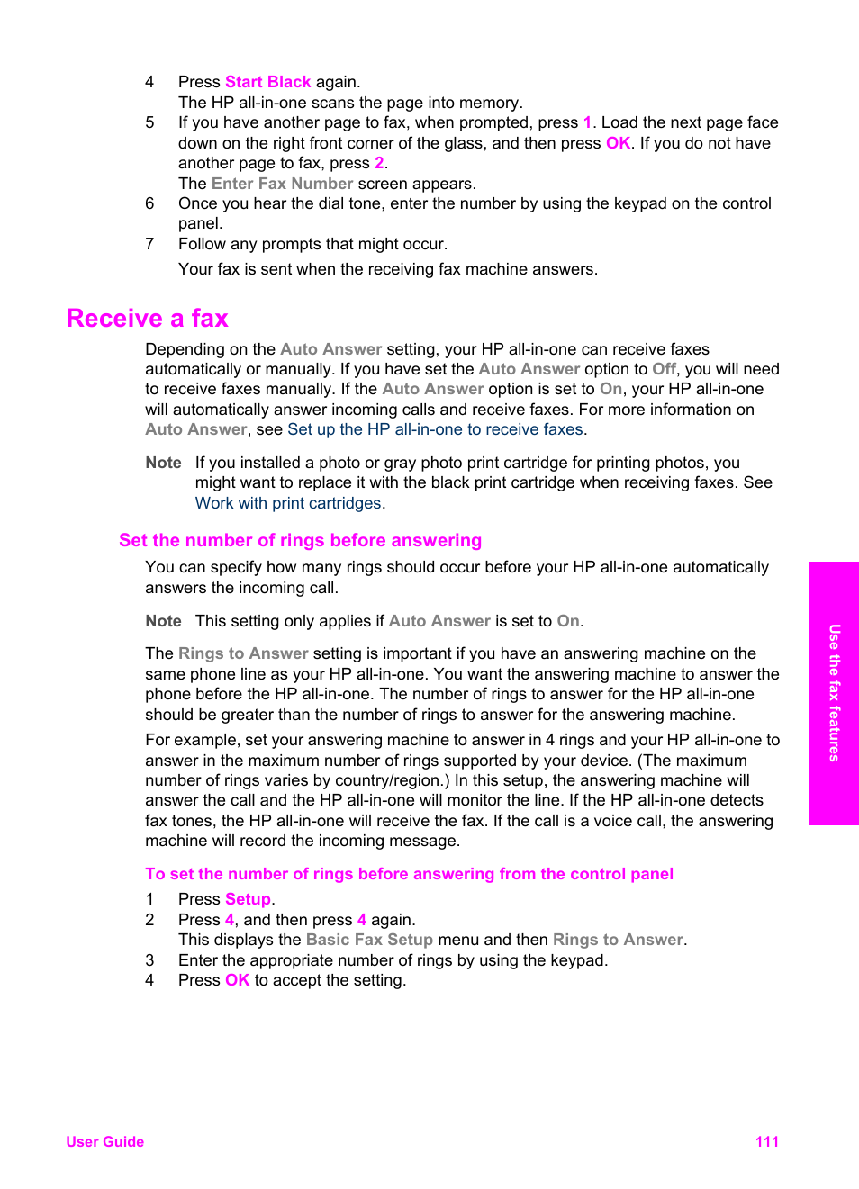 Receive a fax, Set the number of rings before answering, Set the number of rings before | Answering, Set the number of rings, Before answering, Set the, Number of rings before answering | HP 2600/2700 User Manual | Page 114 / 241