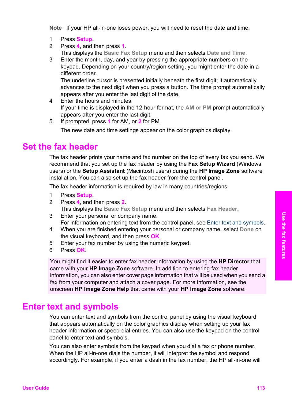 Set the fax header, Enter text and symbols, Set the fax header enter text and symbols | HP 2600/2700 User Manual | Page 116 / 241