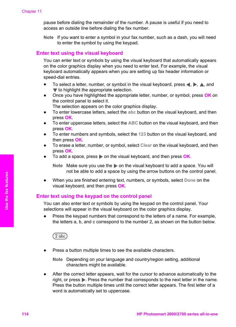 Enter text using the visual keyboard, Enter text using the keypad on the control panel | HP 2600/2700 User Manual | Page 117 / 241