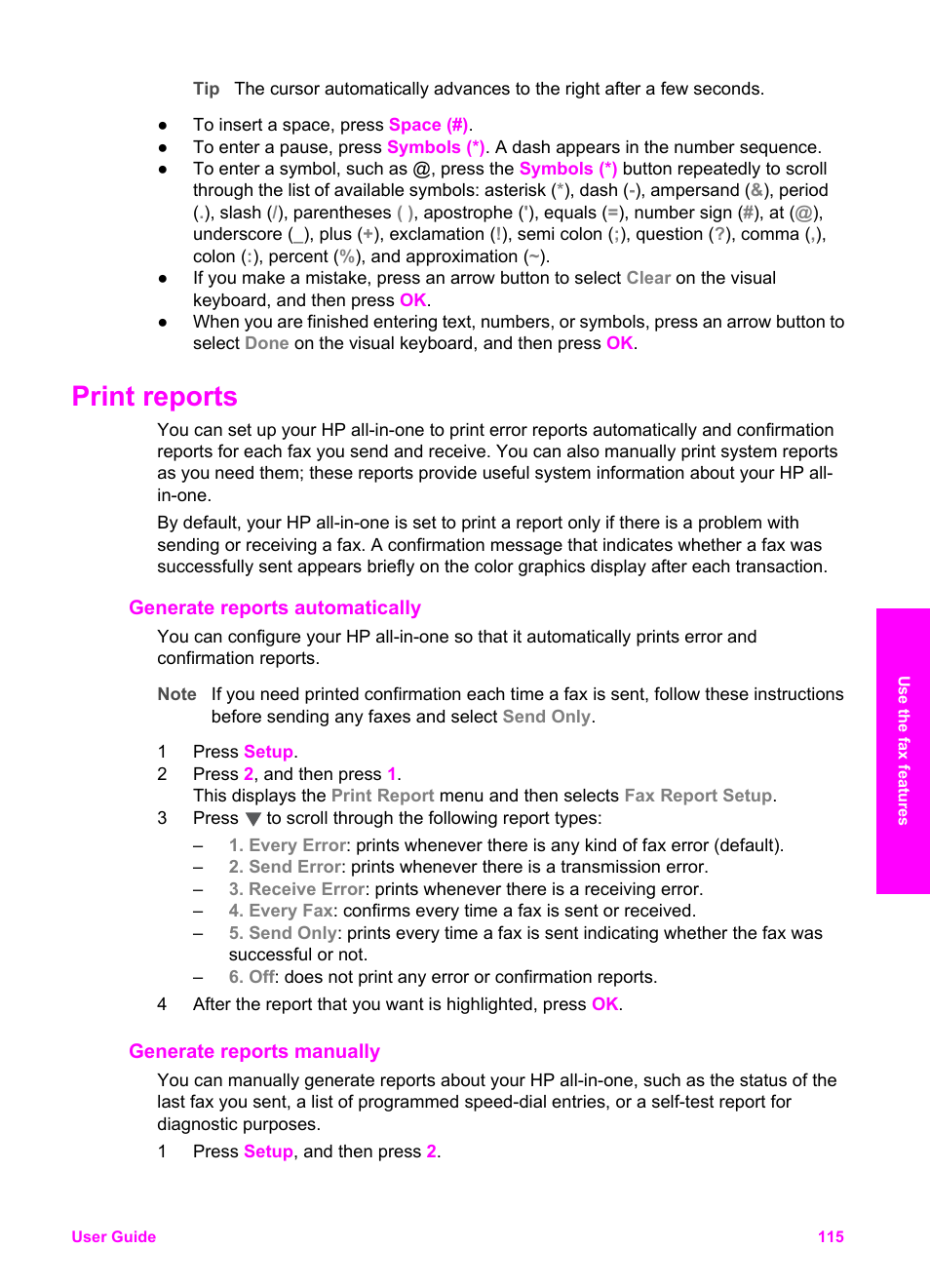 Print reports, Generate reports automatically, Generate reports manually | HP 2600/2700 User Manual | Page 118 / 241
