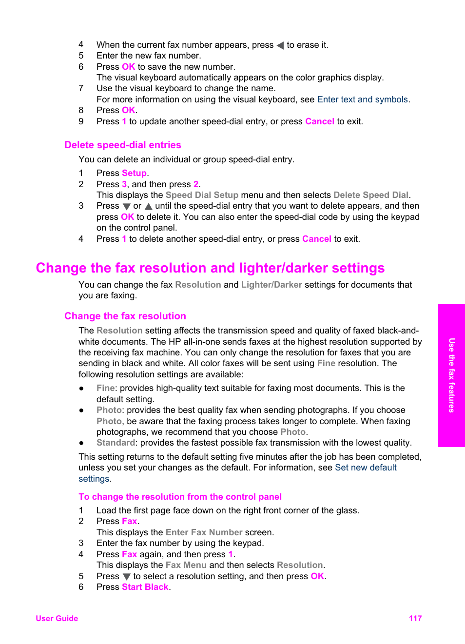 Delete speed-dial entries, Change the fax resolution | HP 2600/2700 User Manual | Page 120 / 241