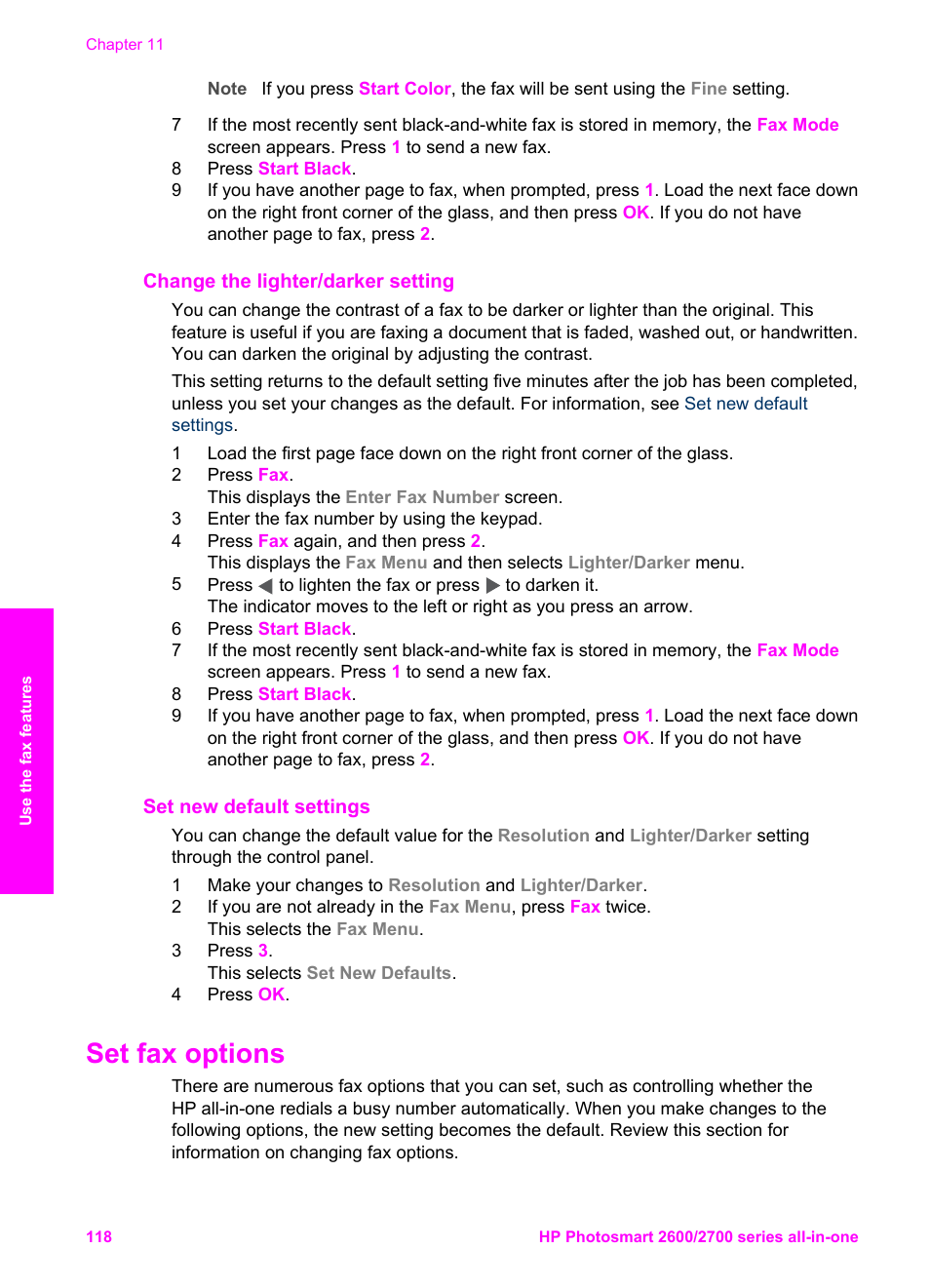 Change the lighter/darker setting, Set new default settings, Set fax options | Set new default, Settings | HP 2600/2700 User Manual | Page 121 / 241