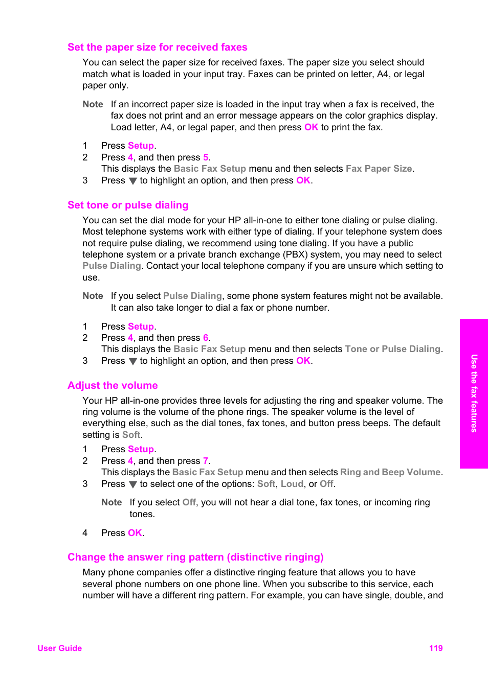 Set the paper size for received faxes, Set tone or pulse dialing, Adjust the volume | Change the answer ring pattern, Distinctive ringing), Change the answer ring, Pattern (distinctive ringing), Information, see | HP 2600/2700 User Manual | Page 122 / 241