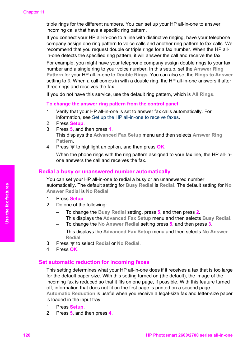 Redial a busy or unanswered number automatically, Set automatic reduction for incoming faxes | HP 2600/2700 User Manual | Page 123 / 241