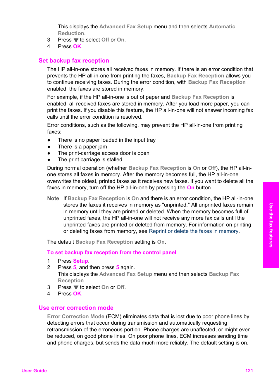 Set backup fax reception, Use error correction mode | HP 2600/2700 User Manual | Page 124 / 241