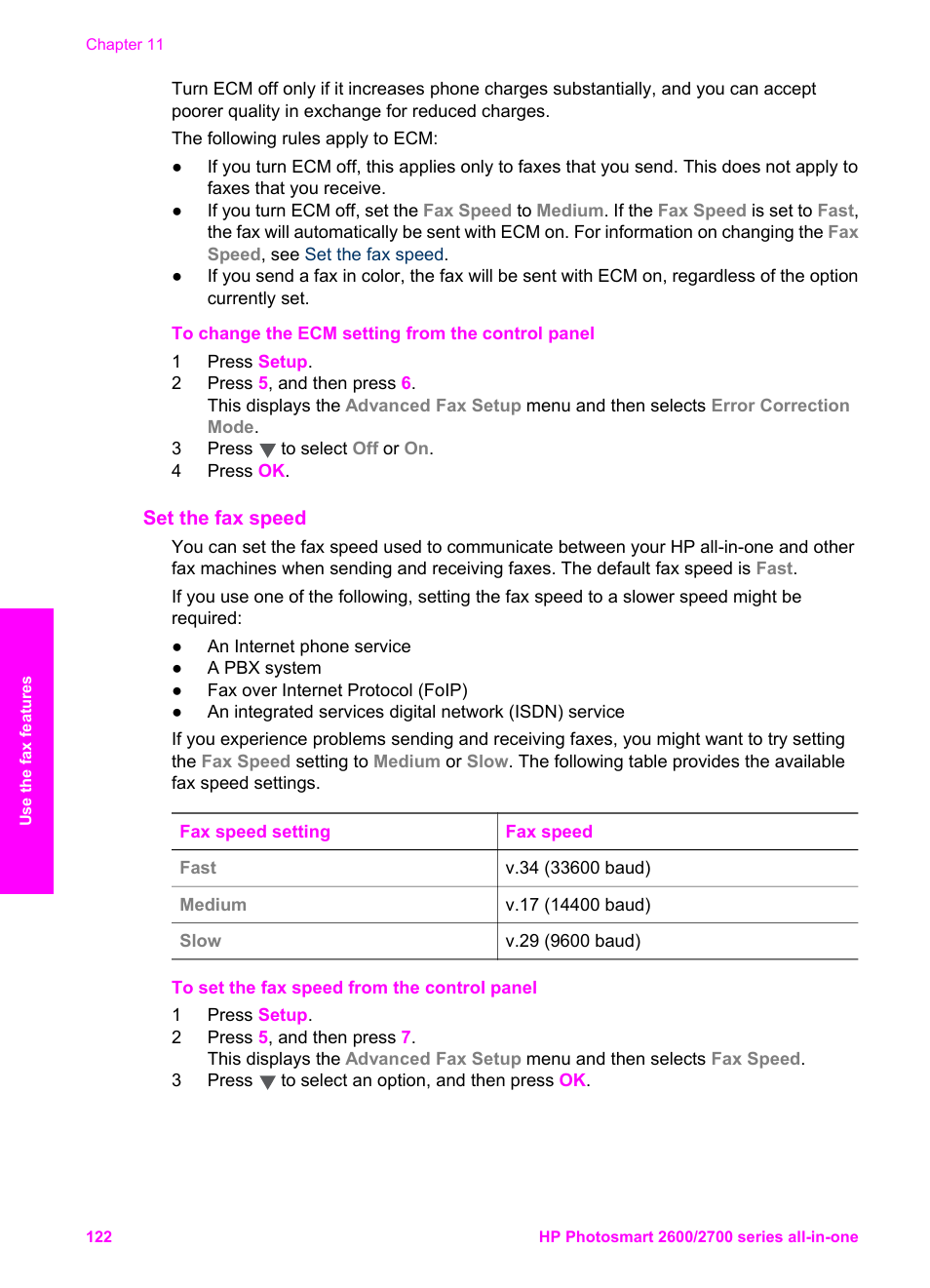 Set the fax speed | HP 2600/2700 User Manual | Page 125 / 241