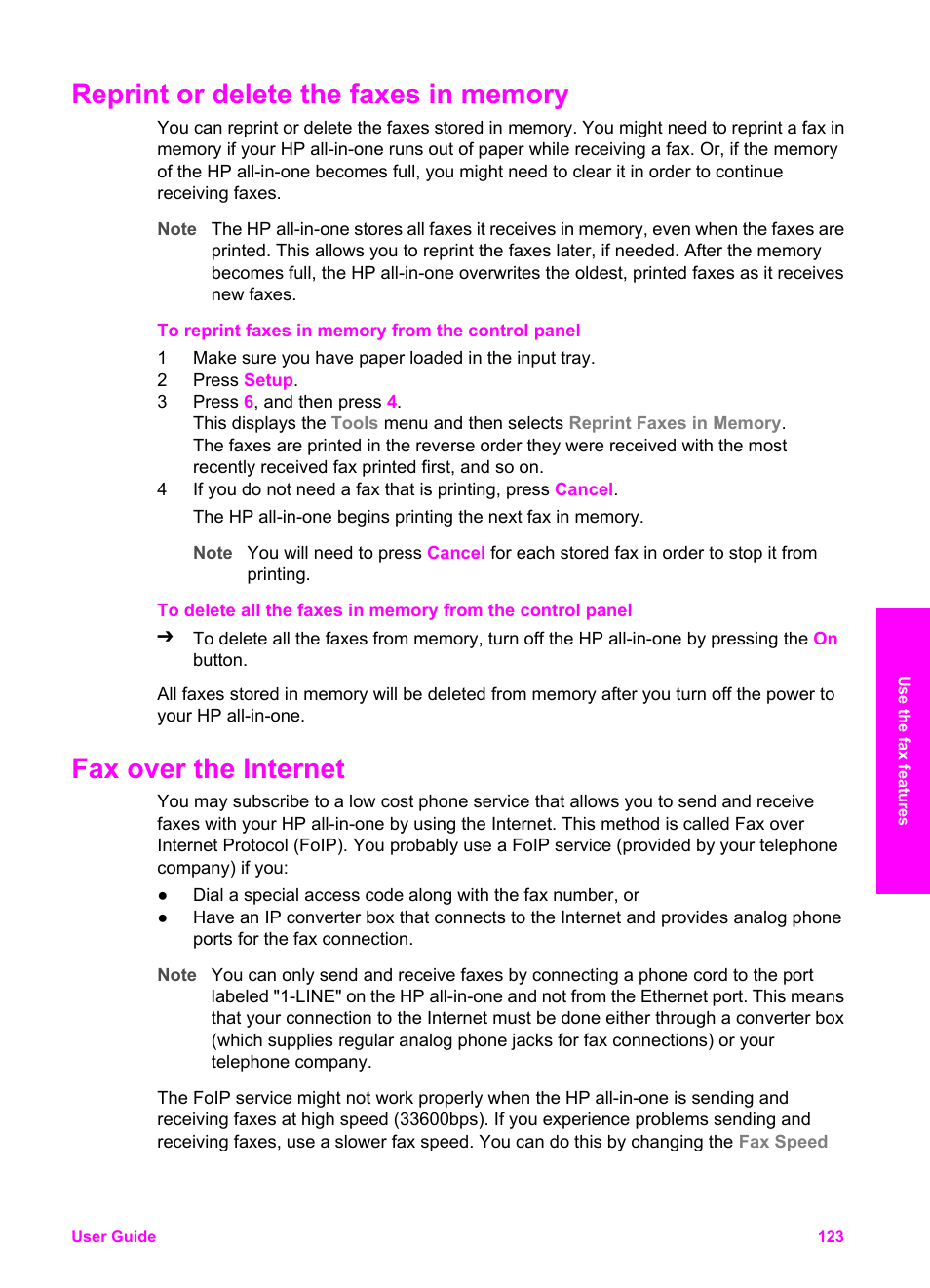 Reprint or delete the faxes in memory, Fax over the internet | HP 2600/2700 User Manual | Page 126 / 241