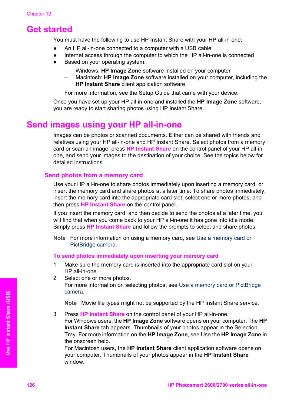 Get started, Send images using your hp all-in-one, Send photos from a memory card | Get started send images using your hp all-in-one, Send images, Using your hp all-in-one | HP 2600/2700 User Manual | Page 129 / 241