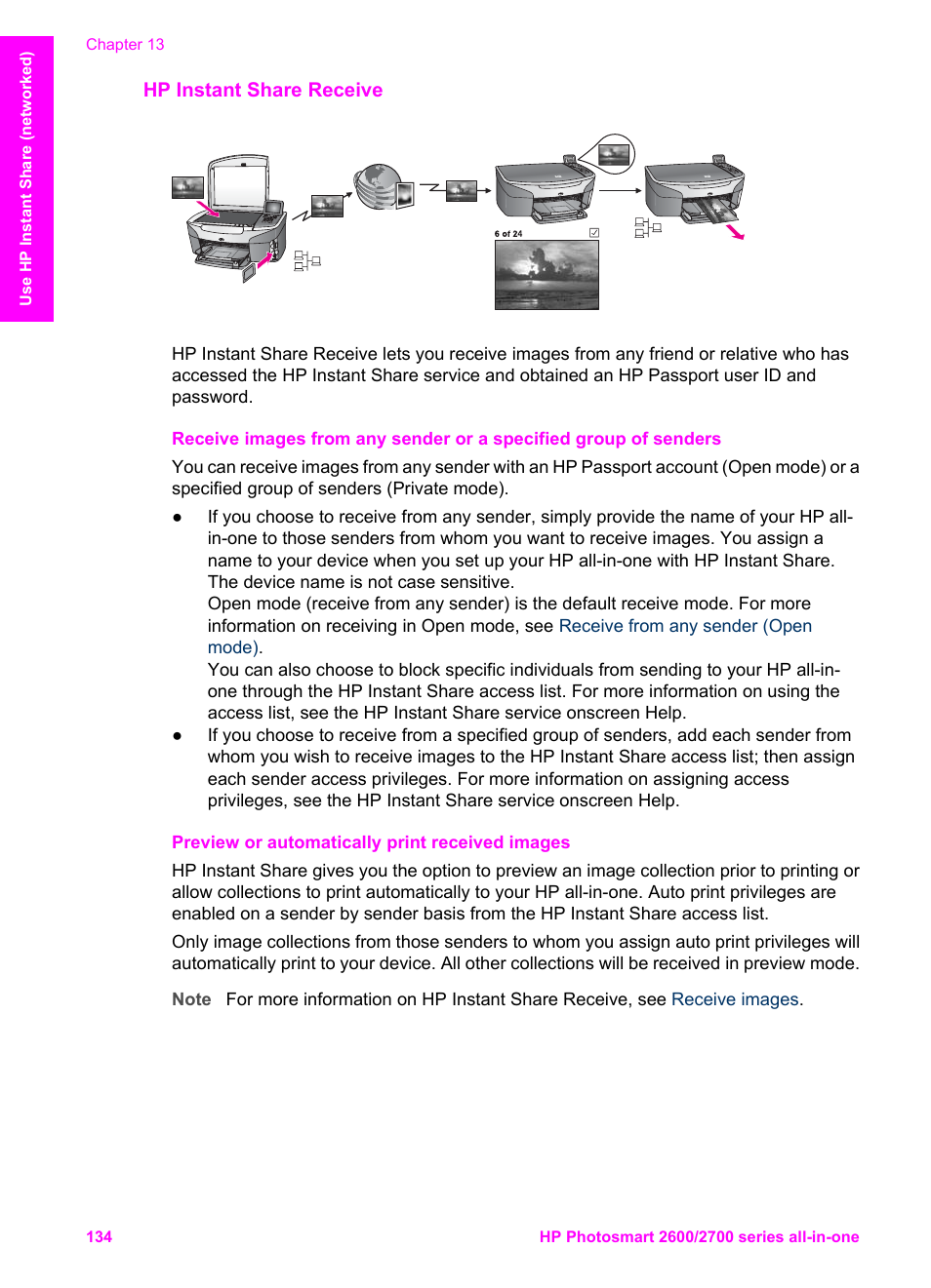 Hp instant share receive, Preview or automatically print received images | HP 2600/2700 User Manual | Page 137 / 241
