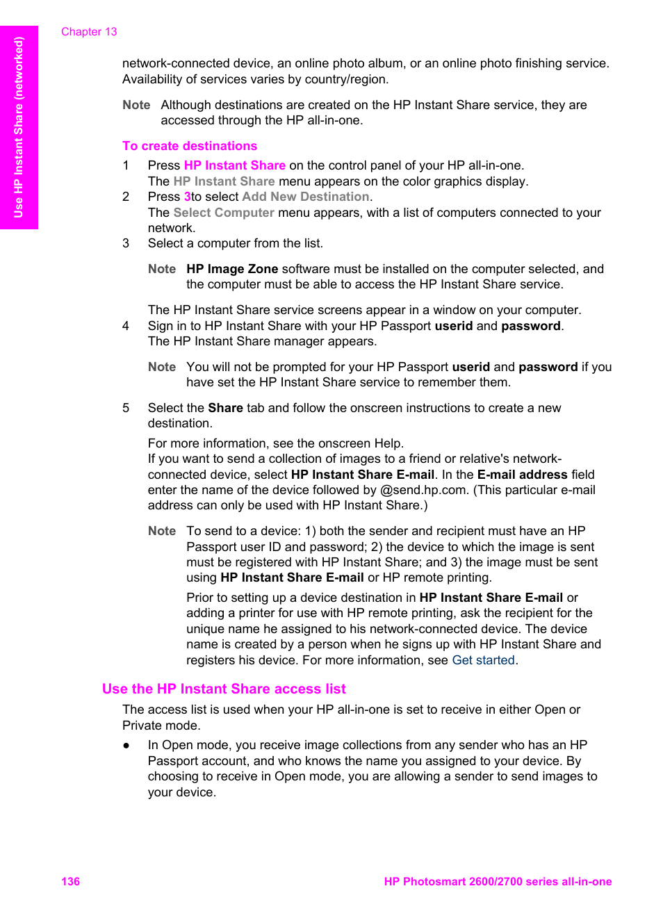 Use the hp instant share access list | HP 2600/2700 User Manual | Page 139 / 241