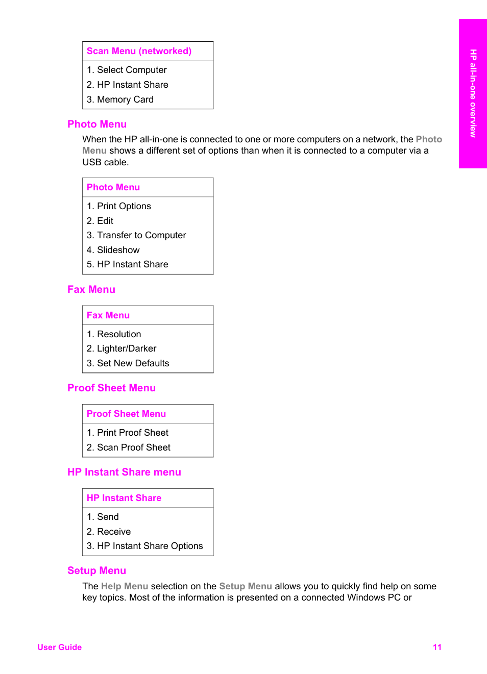Photo menu, Fax menu, Proof sheet menu | Hp instant share menu, Setup menu | HP 2600/2700 User Manual | Page 14 / 241