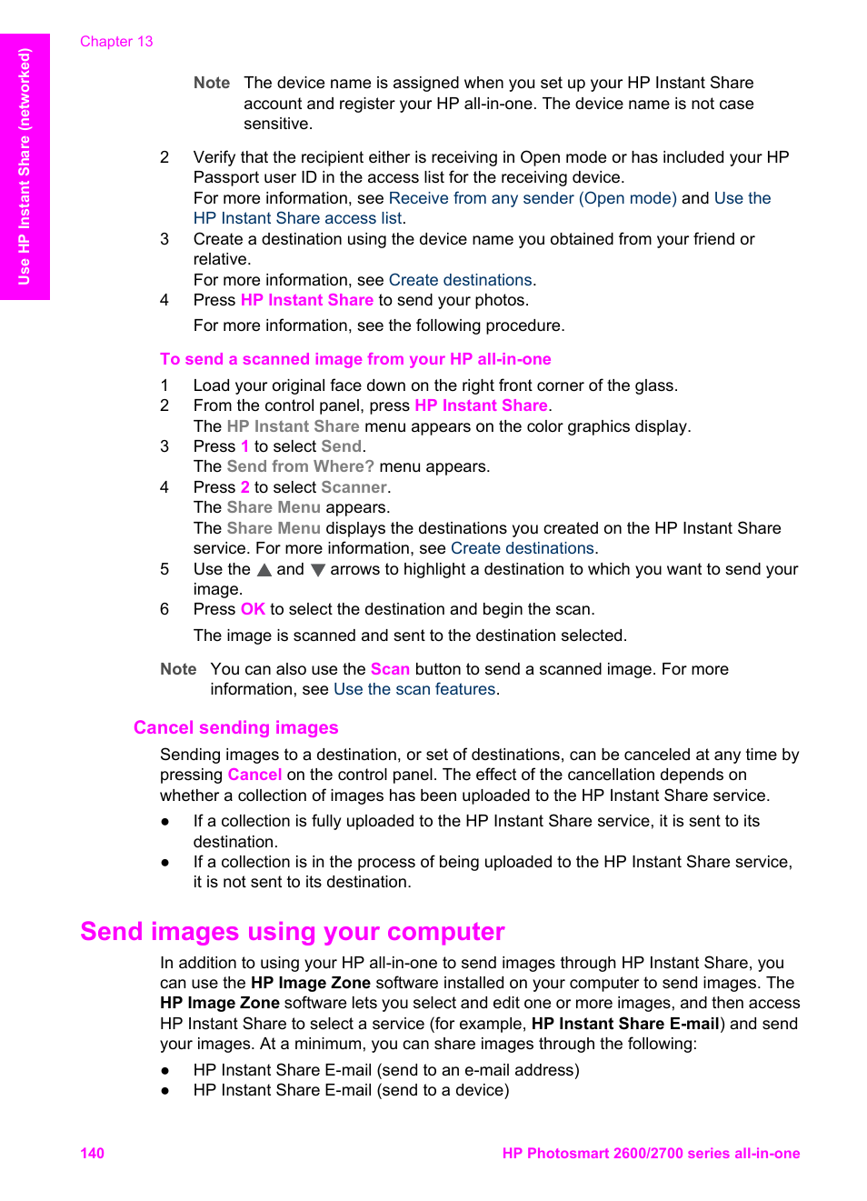 Cancel sending images, Send images using your computer | HP 2600/2700 User Manual | Page 143 / 241