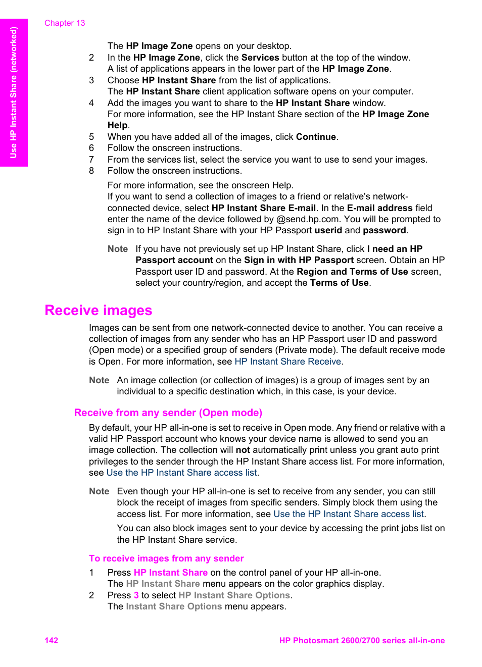Receive images, Receive from any sender (open mode), Receive from any sender (open | Mode) | HP 2600/2700 User Manual | Page 145 / 241
