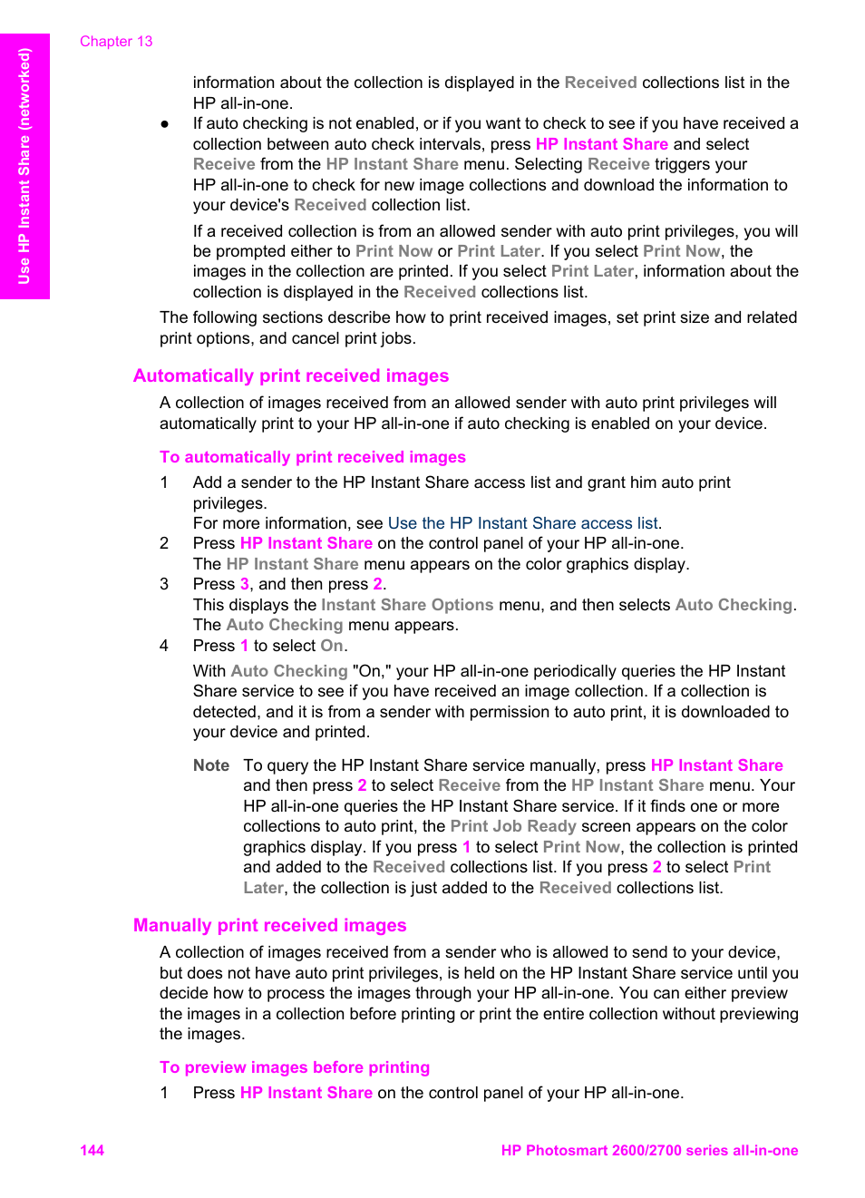 Automatically print received images, Manually print received images, Print images received, see | To automatically print, Received images | HP 2600/2700 User Manual | Page 147 / 241